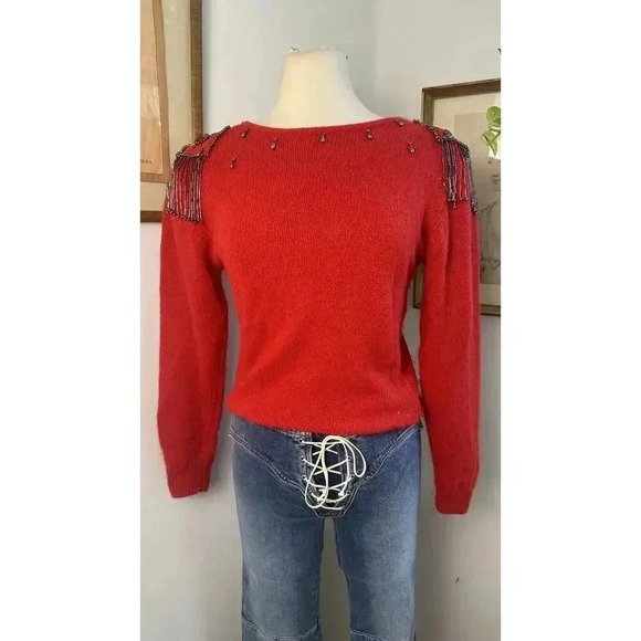 Vintage 80s Sweater With Beaded Tassel Silk Rabbit Hair Shoulder Pads Unique - Picture 3 of 7